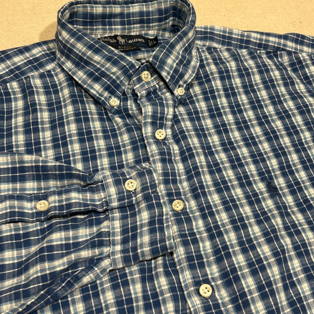 Ralph Lauren Blake Light Flannel Plaid‎ Button Down Shirt Men Large Blue Cotton